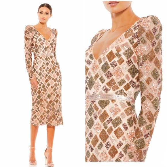 MAC DUGGAL Geo Embellished Midi Sheath Cocktail Dress NEW Size 12 Peach - Picture 1 of 14